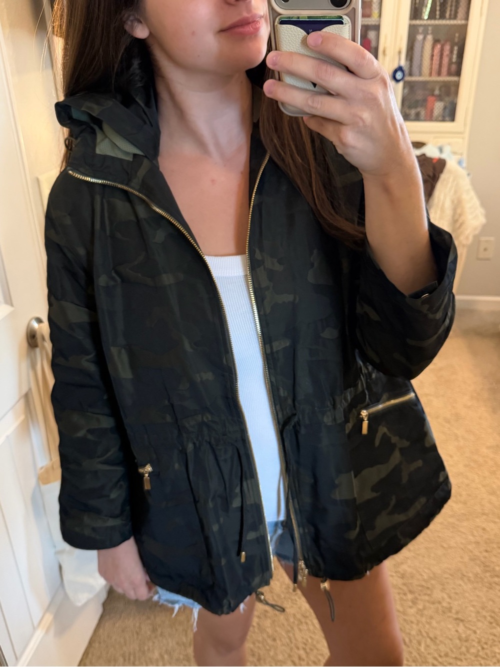Chico's Dark Green Camo Hooded Utility Jacket with Gold Zipper